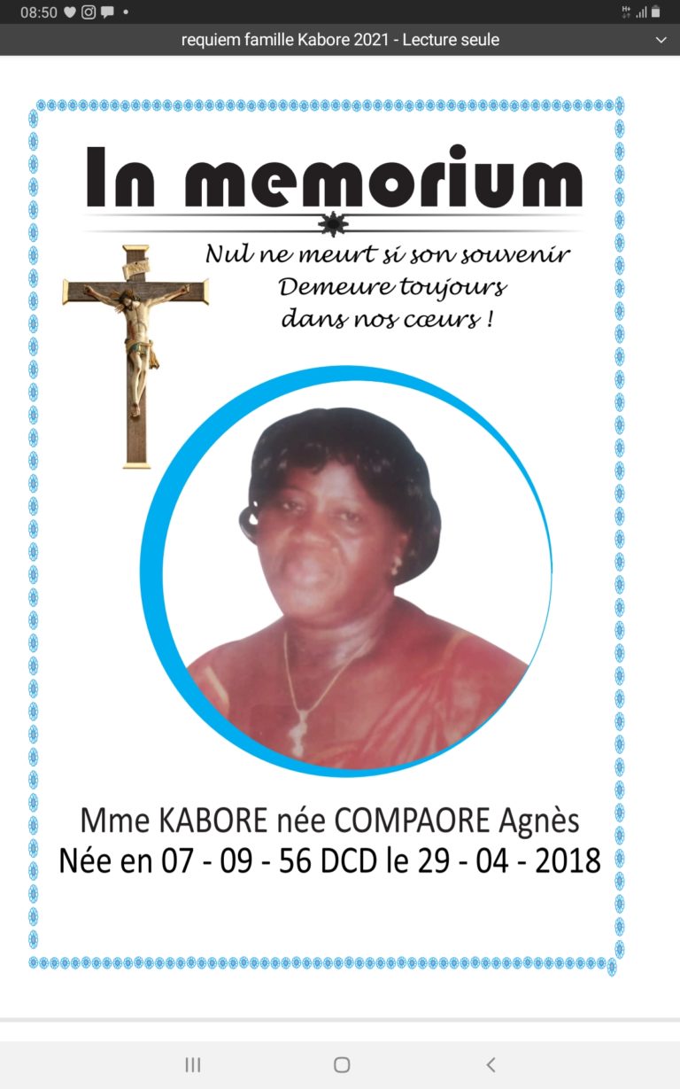 Messe de requiem: Mme KABORE née COMPAORE Agnès