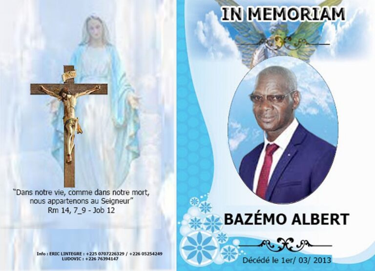 IN MEMORIA: programme de la messe de requiem de Bazémo Albert